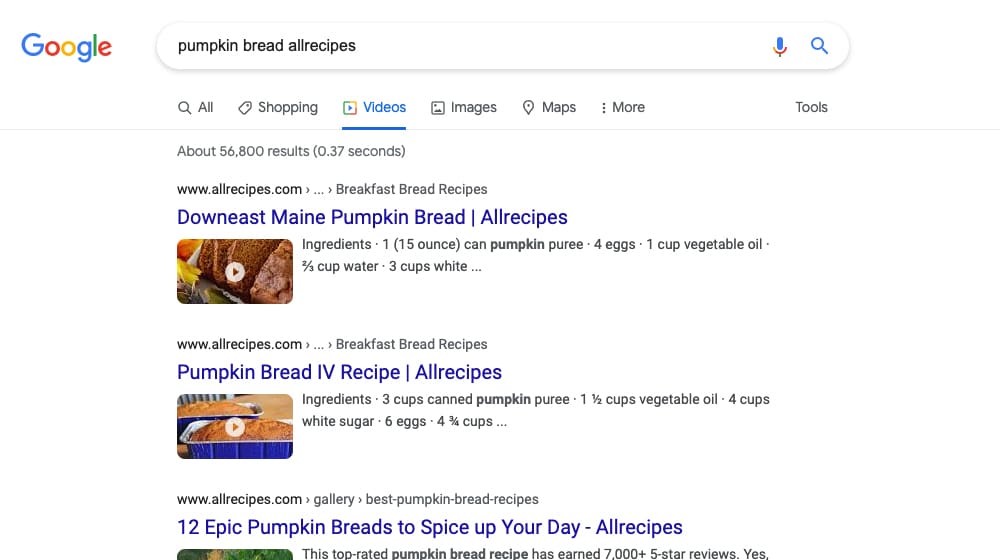 Пример AllRecipes в поиске Google