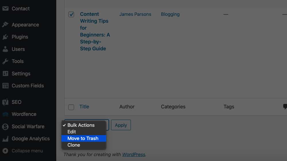 نقل المشاركات إلى المهملات