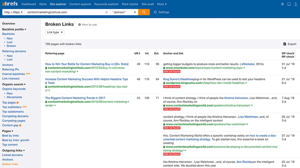 Примеры битых ссылок в Ahrefs
