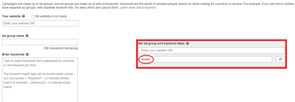 exemplu de idei de cuvinte cheie pentru subiectul principal despre reclamele Bing.