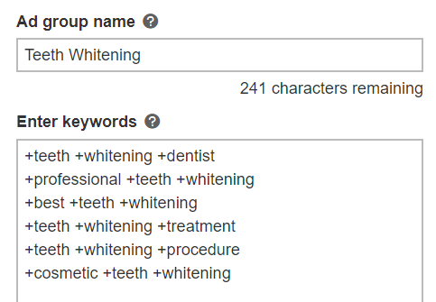 exemplu de cuvinte cheie modificate cu potrivire amplă în reclamele bing.