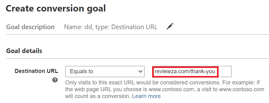 definirea adresei URL de destinație în Bing Ads.