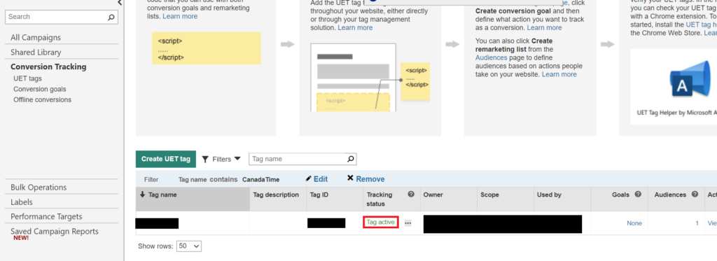 confirmarea etichetei active în reclamele bing.