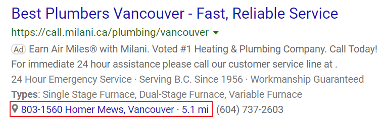 exemplu de extensie de locație pe reclamele Microsoft.