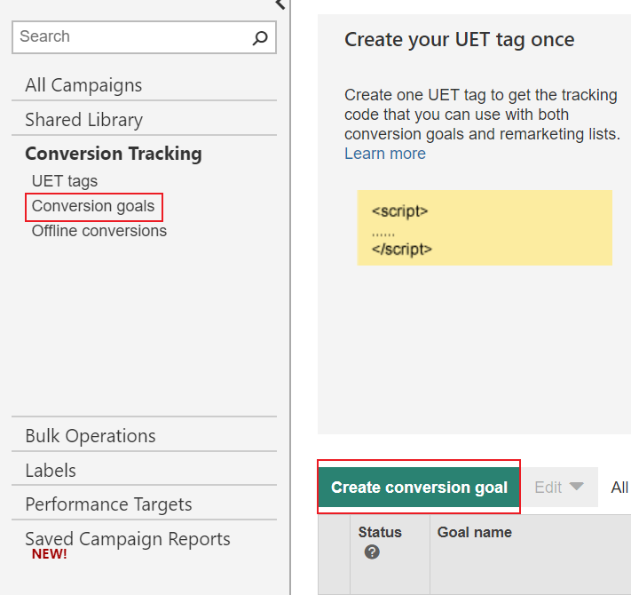 crearea unui obiectiv de conversie în bing ads.