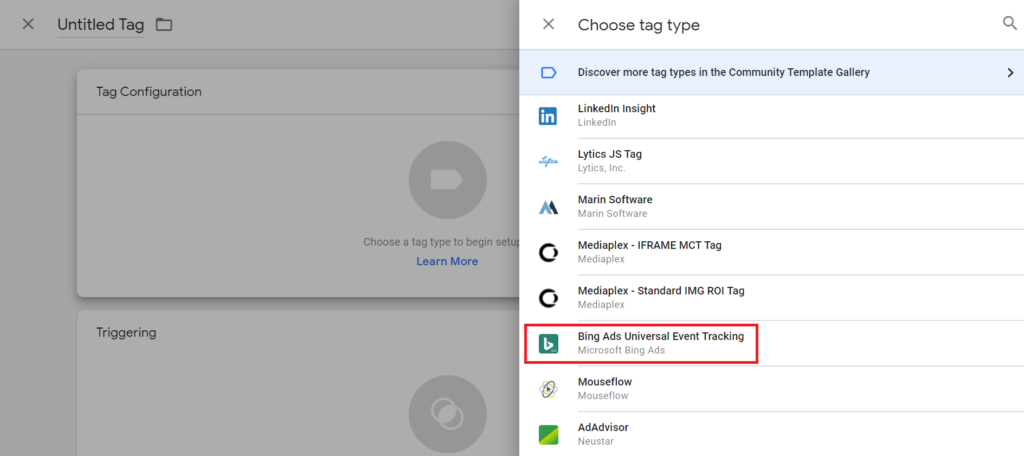 alegerea etichetei bing în gtm.