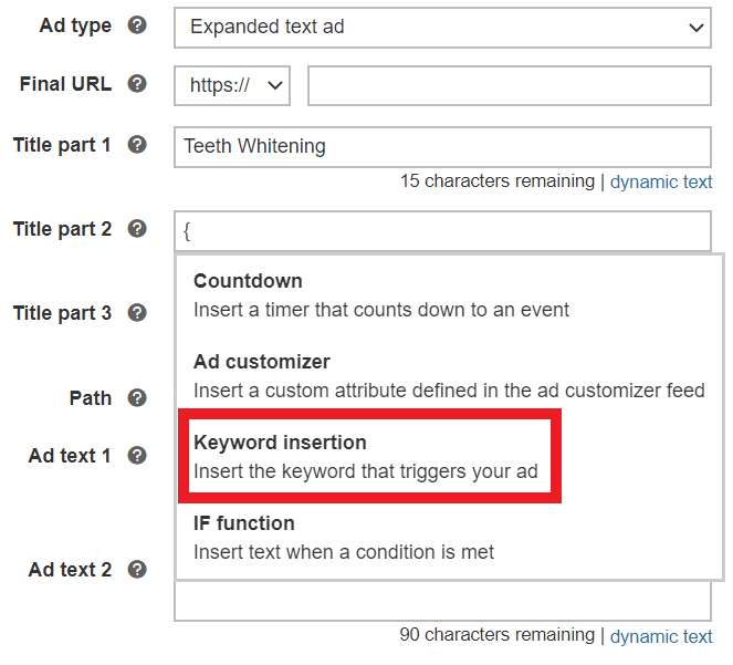 exemplu de inserare dinamică a cuvintelor cheie.