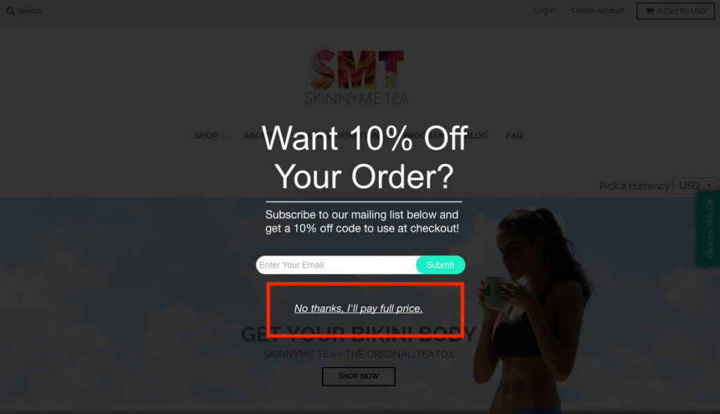 Imagen de mal ejemplo de ventanas emergentes.