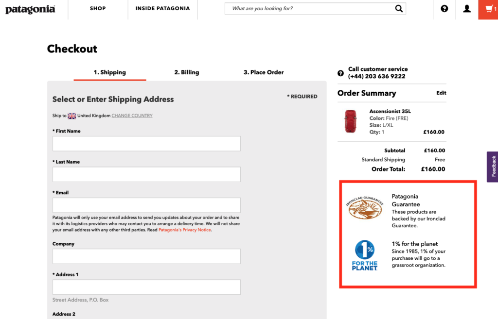 página de pago de la patagonia