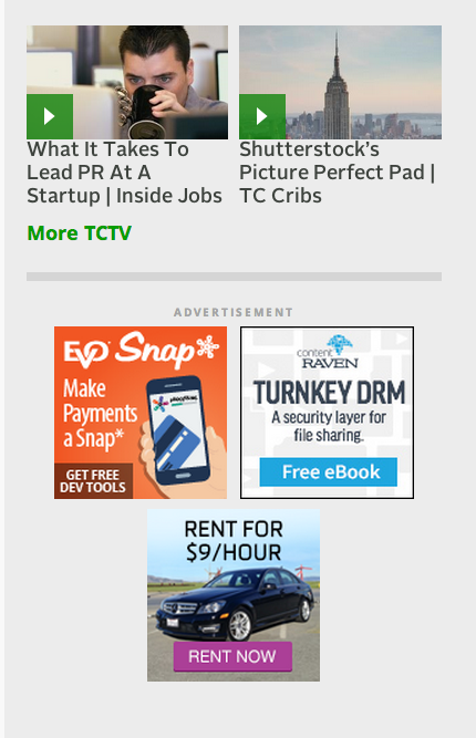 TechCrunch kenar çubuğu reklamları.