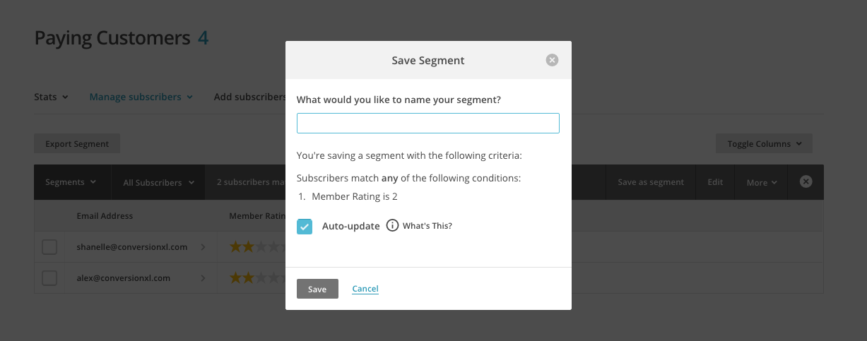 Segment de salvare MailChimp.