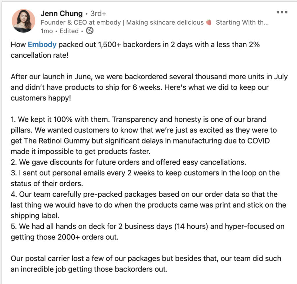 그들이 이월 주문을 처리한 방법에 CEO를 구현하십시오.