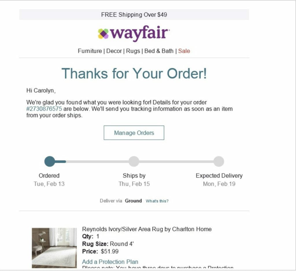 이메일 예시로 주문이 진행 중입니다.