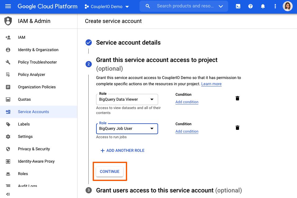 Hizmet hesabı oluşturmaya devam edin.