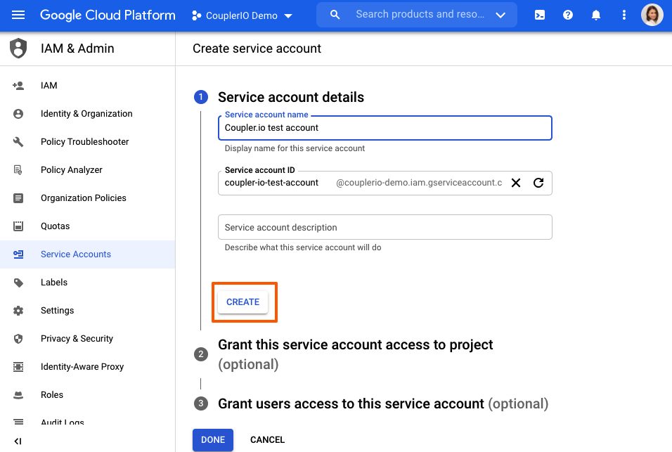 Hizmet hesabı oluşturun.