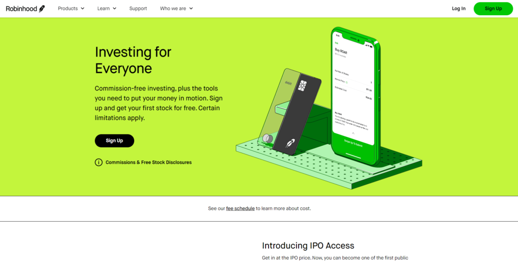 Captură de ecran a paginii de pornire Robinhood