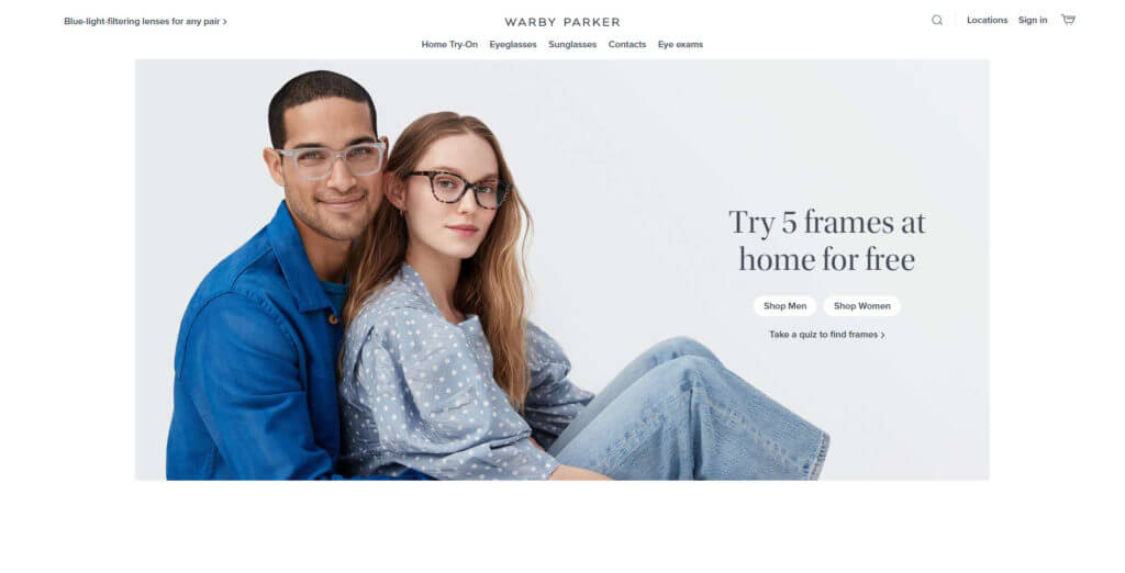 Captură de ecran a paginii de pornire Warby Parker