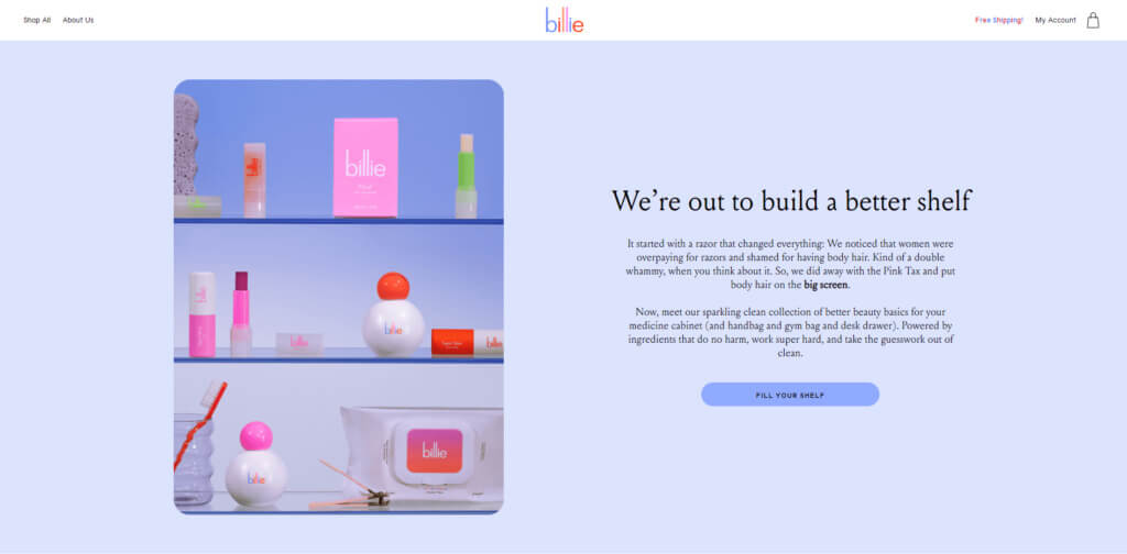 Captură de ecran a paginii de pornire a lui Billie