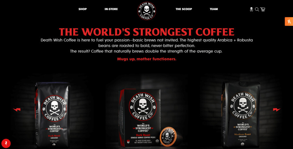 Captură de ecran a paginii de pornire a Death Wish Coffee