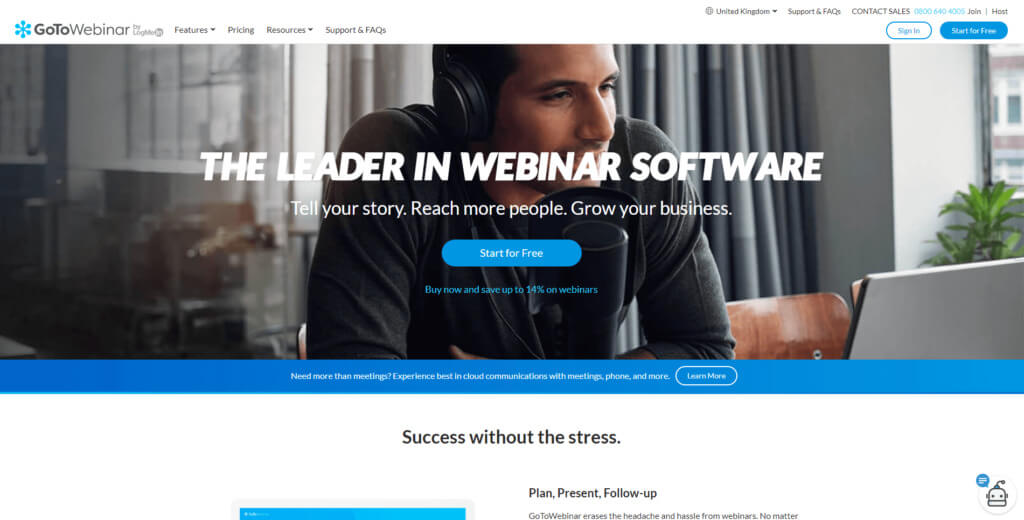 Captură de ecran a paginii de pornire GoToWebinar