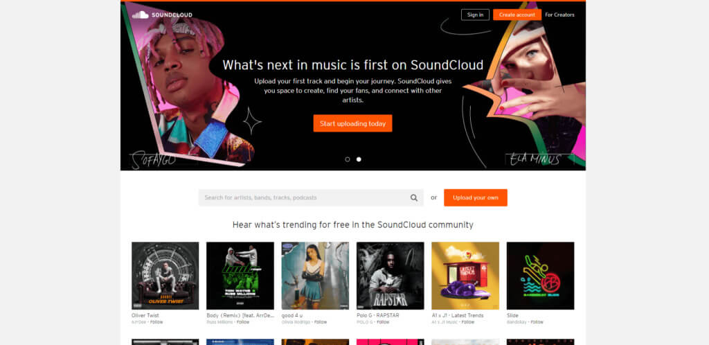 Captură de ecran a paginii de pornire SoundCloud