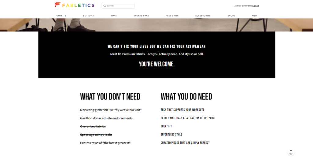 Fabletics despre captură de ecran a paginii