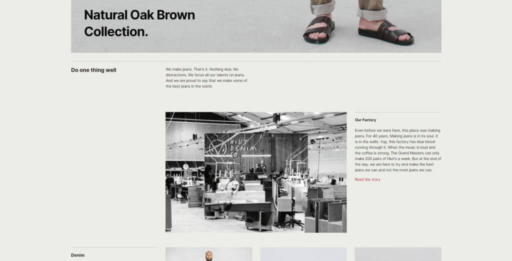 Captură de ecran a paginii de pornire Hiut Denim
