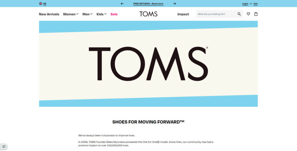 Captură de ecran a paginii de pornire Toms