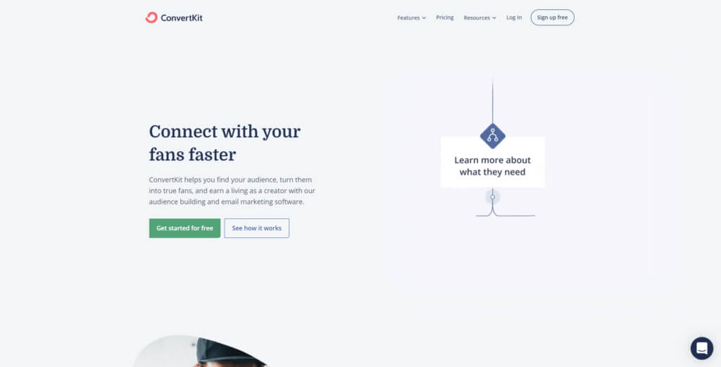 Captură de ecran a paginii de pornire ConvertKit