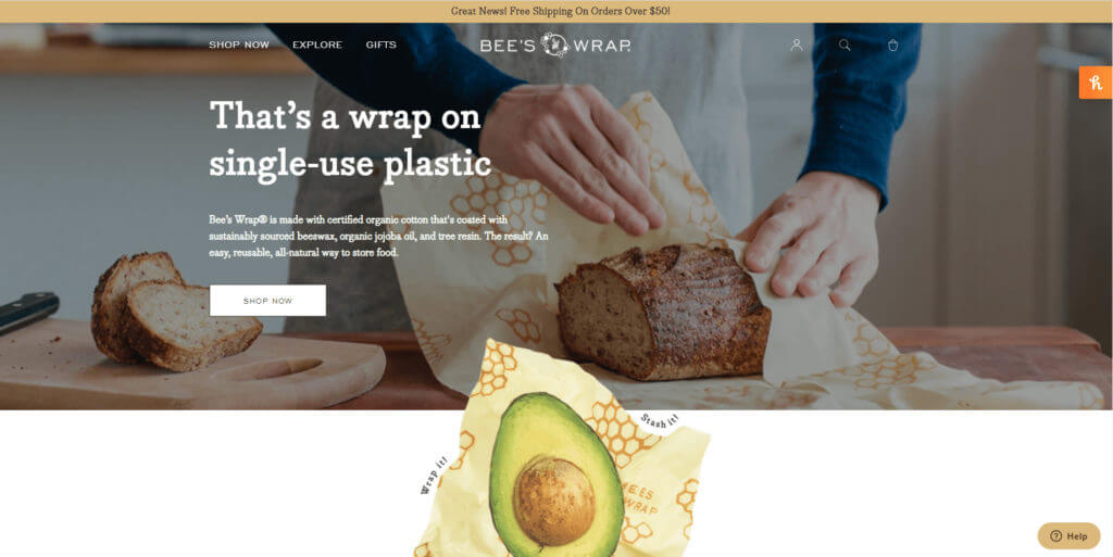 Captură de ecran a paginii de pornire Bee's Wrap