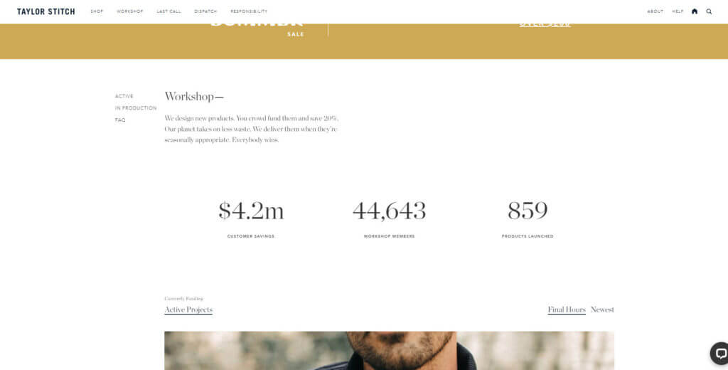 Captură de ecran a paginii de pornire Taylor Stitch