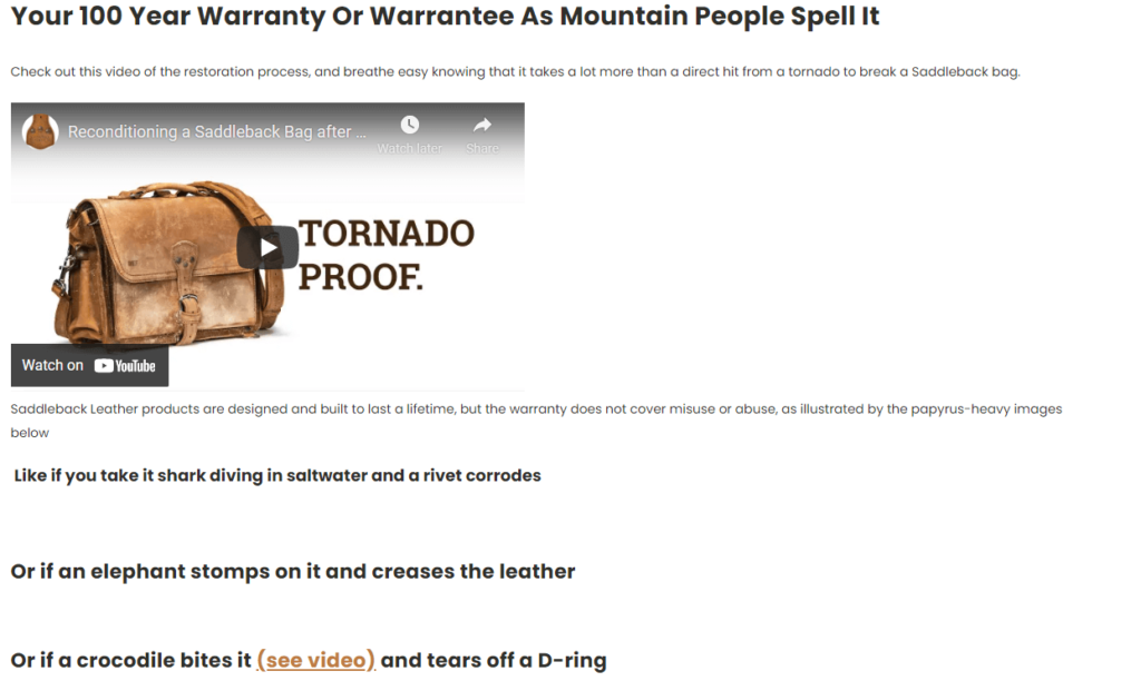 Saddleback Leather despre pagină și captură de ecran de garanție