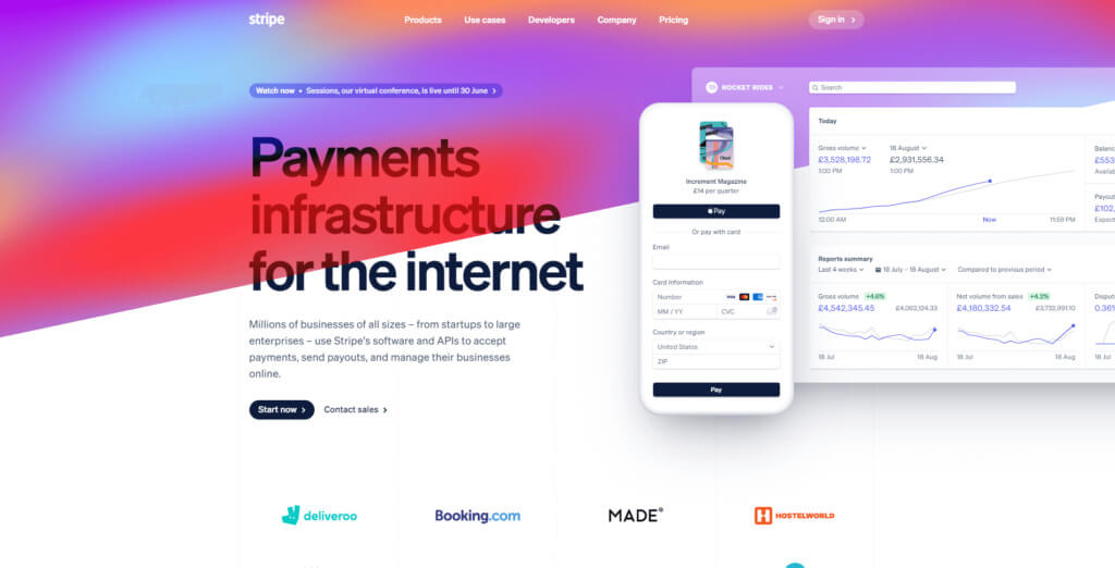 Captură de ecran a paginii de pornire Stripe