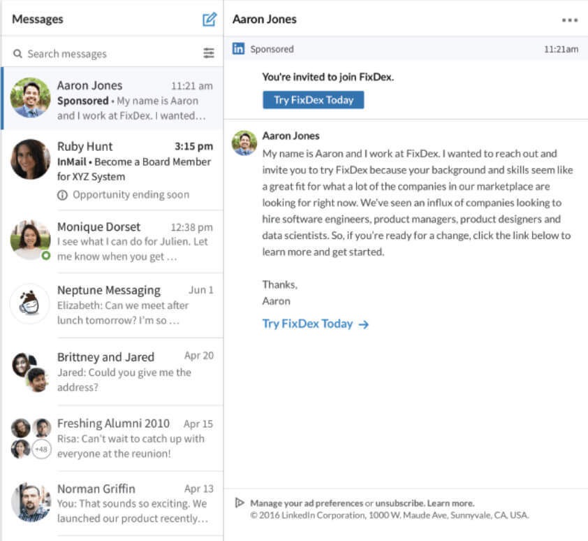 Esempio di annuncio di messaggi di LinkedIn