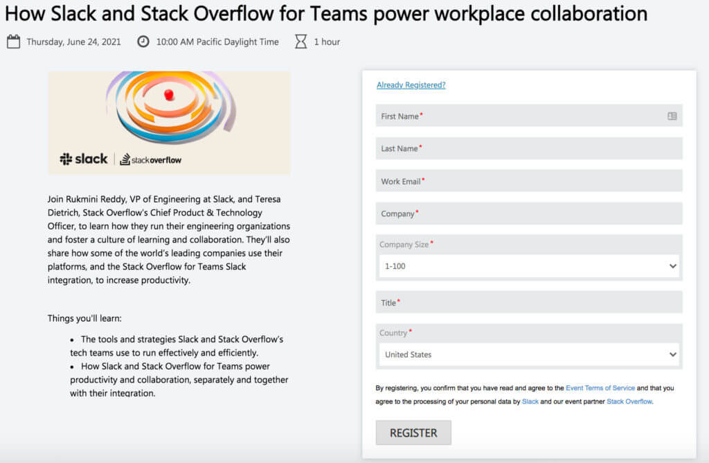 Esempio di pagina di destinazione di LinkedIn da Slack e Stack Overflow