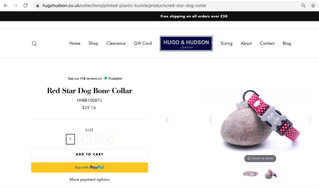 Zrzut ekranu strony produktu z Hugo i Hudson