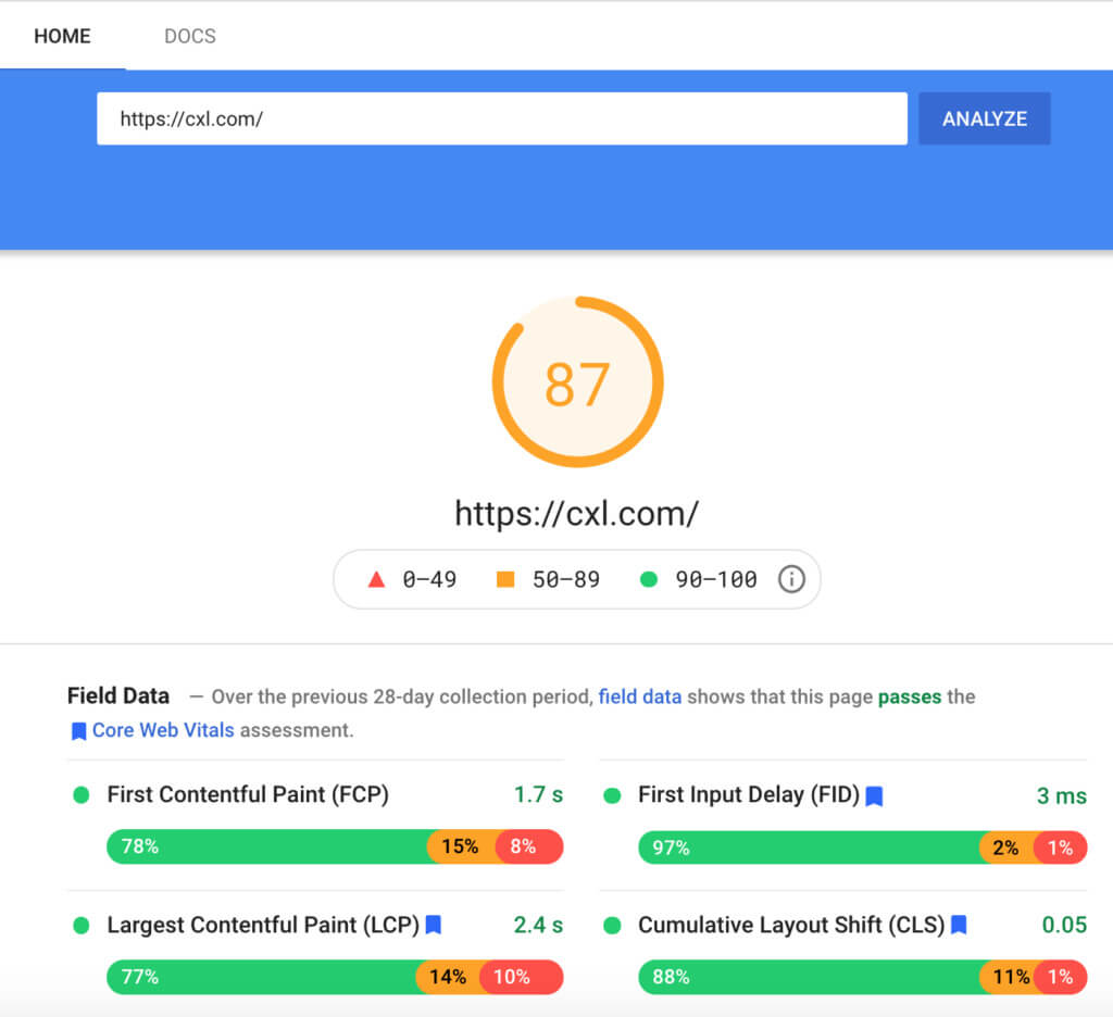 Przykład sprawdzania szybkości witryny Google