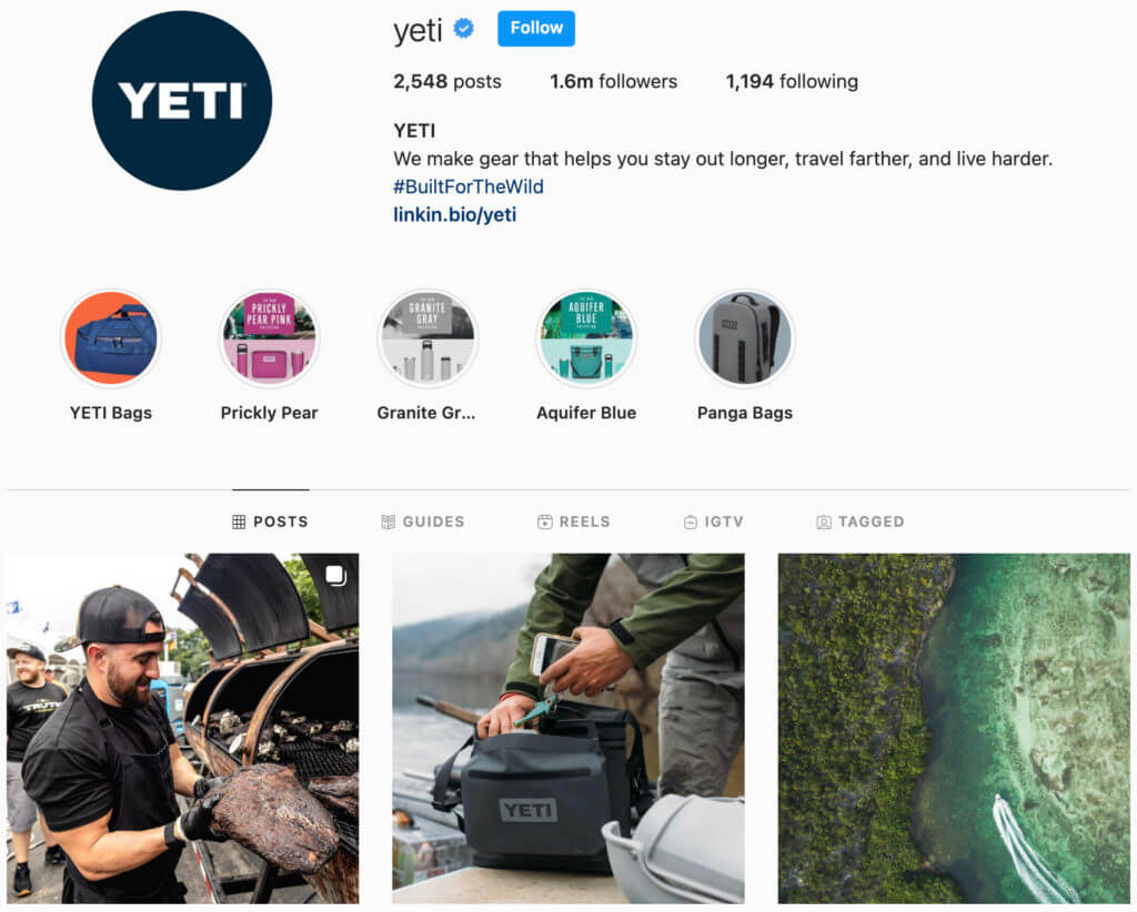 Pagina de Instagram Yeti coolers