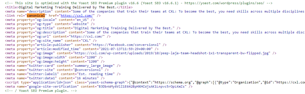Quellcode, der das kanonische Tag hervorhebt