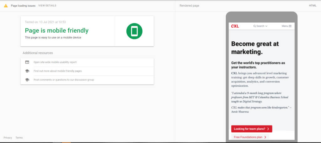 Screenshot des Mobile-Friendly-Tests von Google