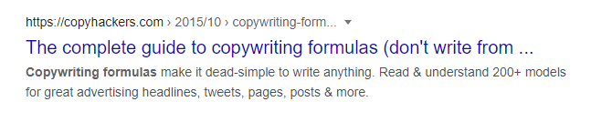 SERP-Ergebnis für Copyhackers Copywriting Formulas Guide