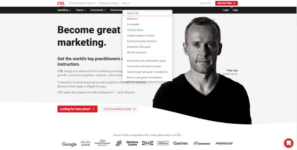 Screenshot der CXL-Startseite + Menünavigation