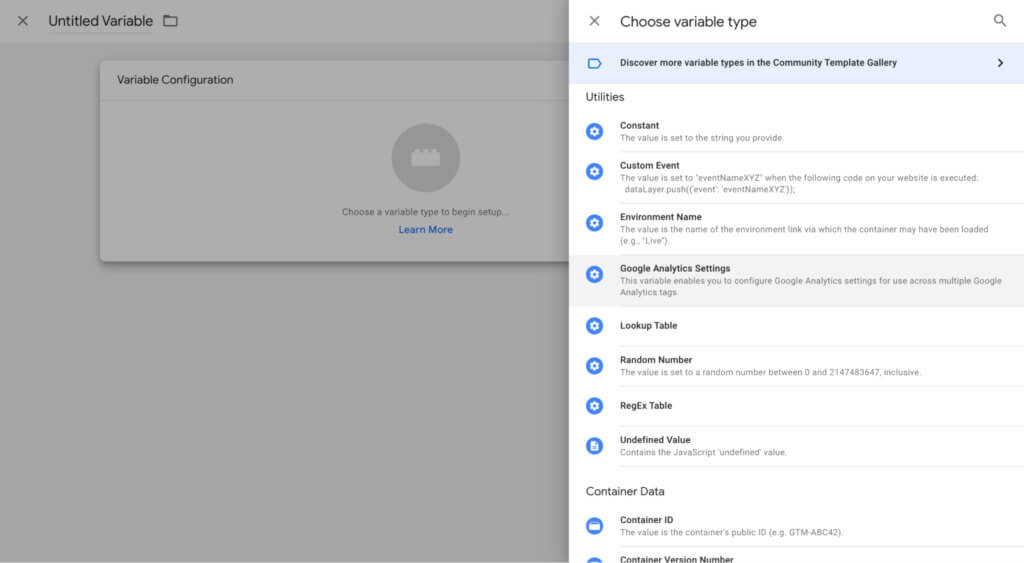 Google Tag Manager เลือกประเภทตัวแปร