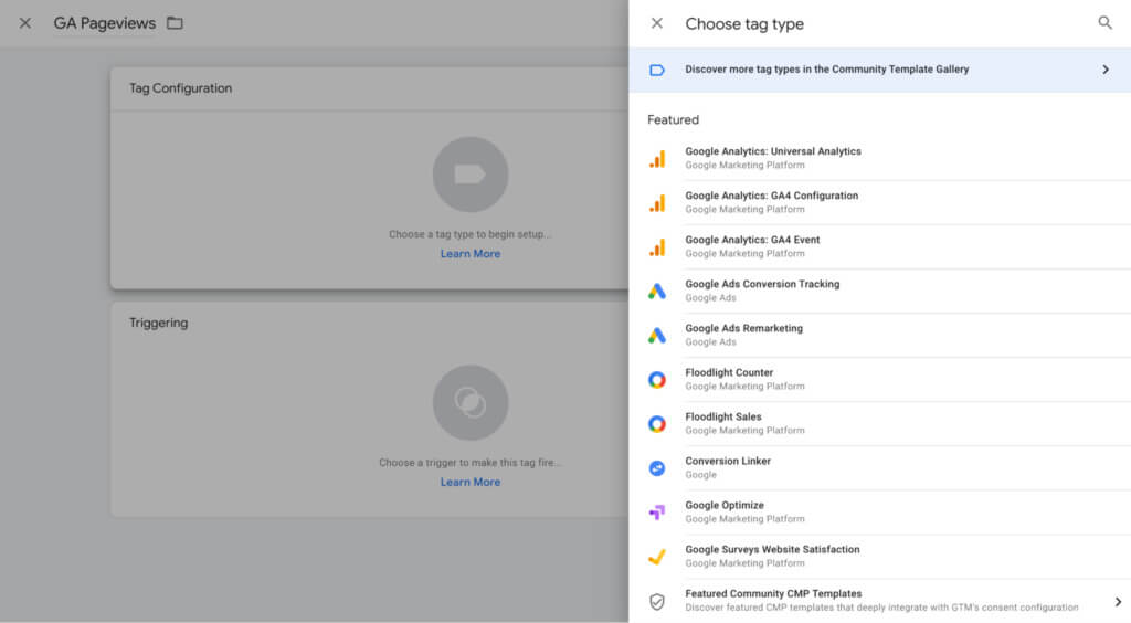 Google Tag Manager เลือกประเภทแท็ก