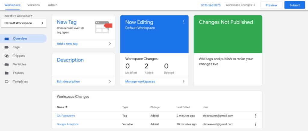 Google Tag Manager ที่มีการเปลี่ยนแปลงพื้นที่ทำงาน