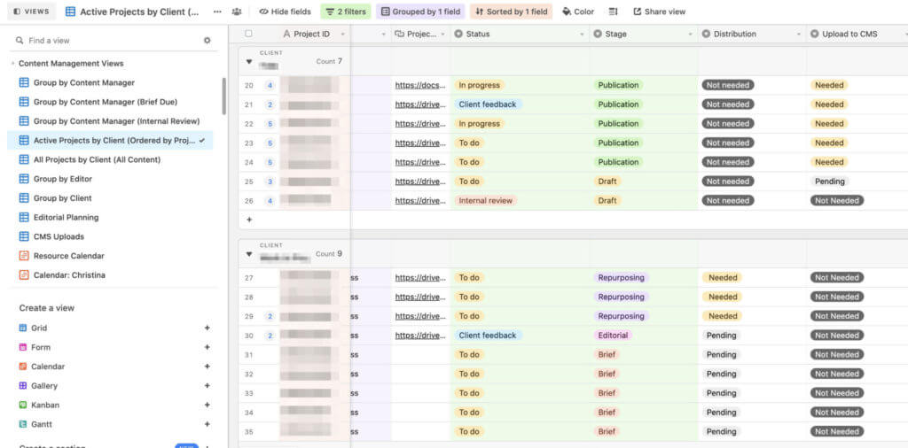 Captură de ecran Airtable de la Grizzle