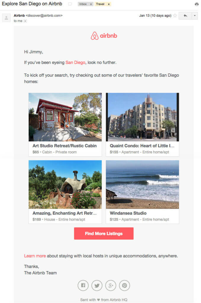 Exemplu de e-mail comportamental de la Airbnb