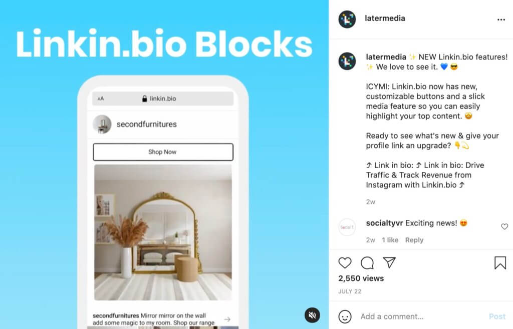 Beispiel für einen Instagram-Post von Later