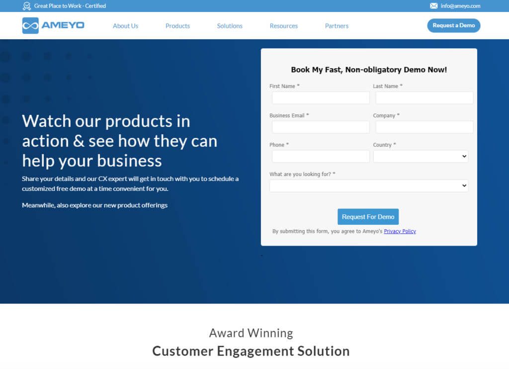 Zrzut ekranu strony docelowej Ameyo