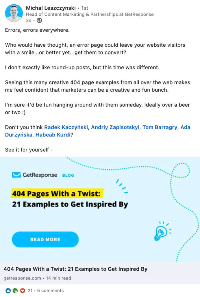 LinkedIn에서 GetResponse 직원 공유 콘텐츠